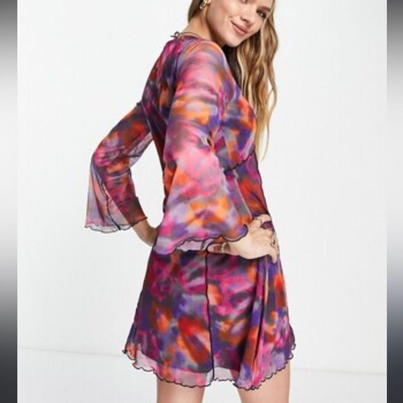 TopShop Lettuce Edge Mesh Mini Tea Dress in Pink Rose. Size 2XL. - Picture 1 of 12